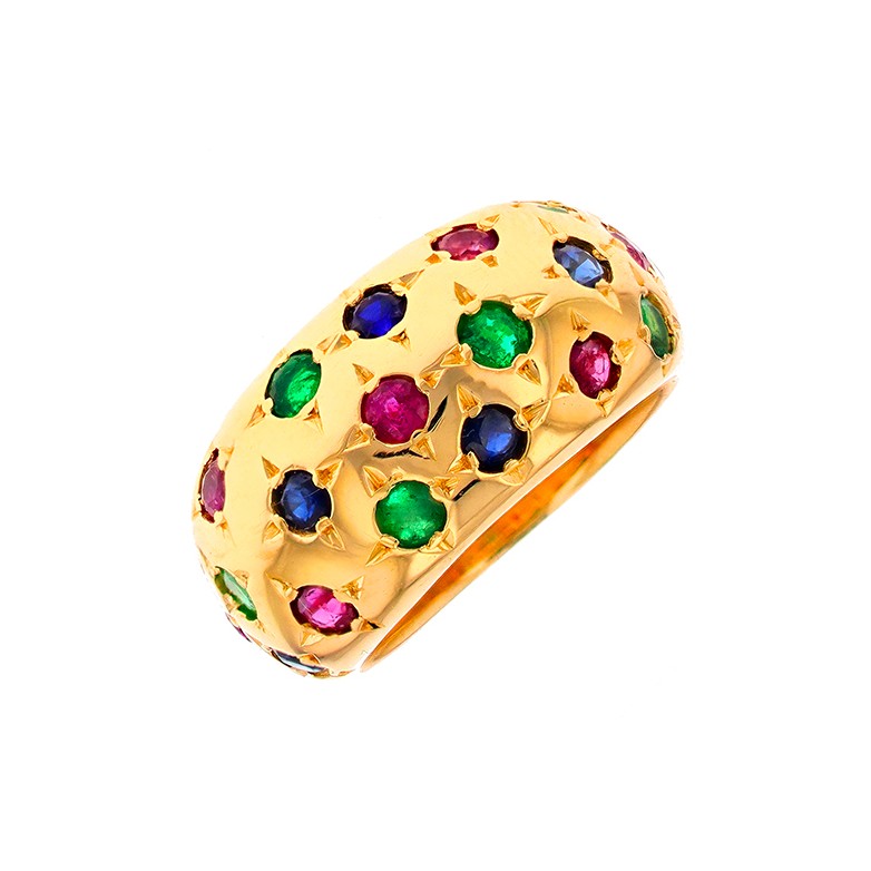 Bague saphirs 0.64 carat, rubis 0.56 carat et émeraudes 0.30 carat en or jaune