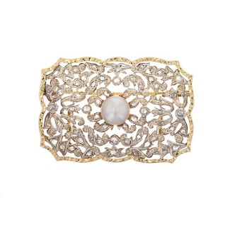 Broche ancienne perle et diamants 0.65 carat 2 ors