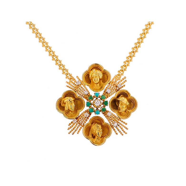 Collier diamant 0.11 carat et pierres fines en or jaune