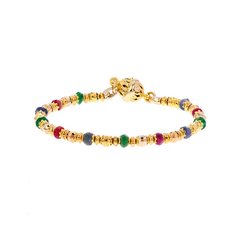 Bracelet perles dâ€™émeraudes, de rubis et saphirs en or jaune