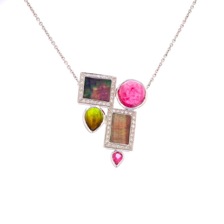 collier or gris diamant (s) tourmalines et nacre