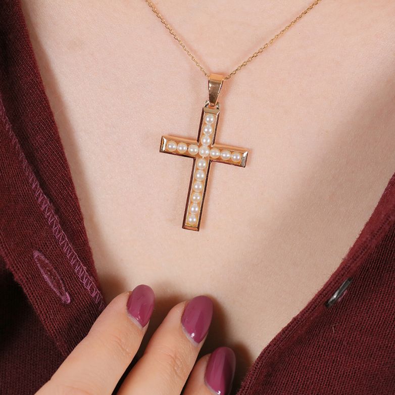 Yellow Gold Beaded Cross,...